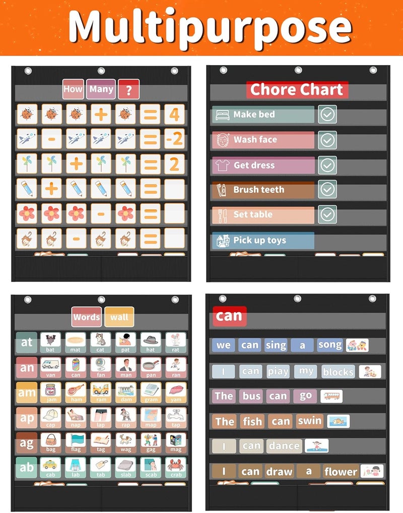 Yoink 7+2 Pockets Standard Pocket Chart, Clear 7 Pockets for Alphabet Learning with 2 Extra Storage Pocket, Chore Chart, Word Wall and Sentence Strips Chart for Classroom, Black (33" x 28.1") - Image 3
